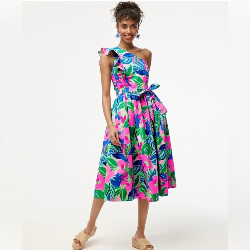 J. Crew One-Shoulder Floral Midi Dress in Pink, Green & Blue - Picture 8 of 8